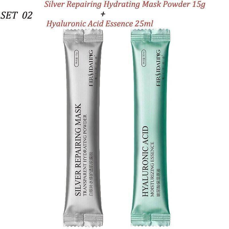 Silver repairing hydrating mask powder and hyaluronic acid essence set, product packaging.