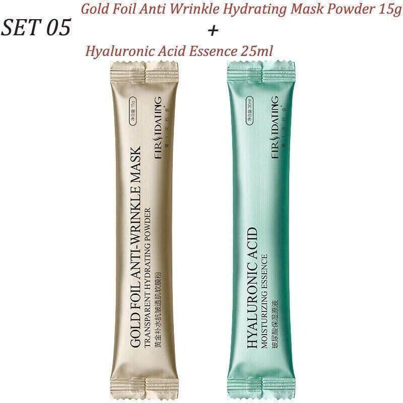 Gold foil anti-wrinkle hydrating mask powder and hyaluronic acid essence sachets side by side