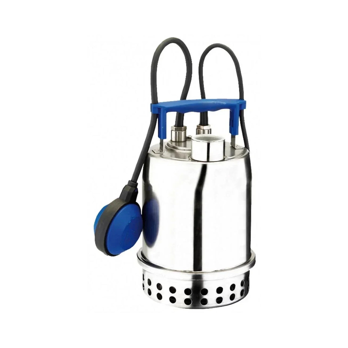 Stainless steel submersible pump with blue float switch and handle