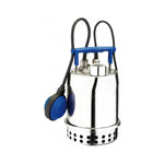 Stainless steel submersible pump with blue float switch and handle