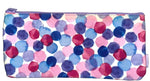 Colorful polka dot pencil case with purple zipper, multi-color spots pattern