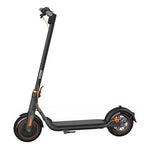 Black electric scooter with orange accents, featuring dual wheels and foldable handlebars for urban commuting.