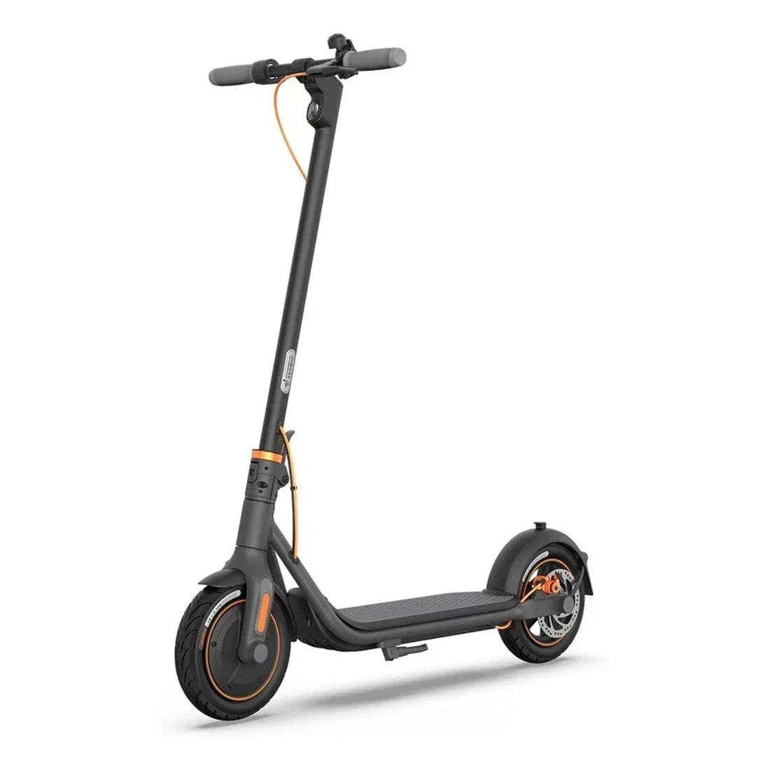 Black electric scooter with orange accents, modern design for urban commuting