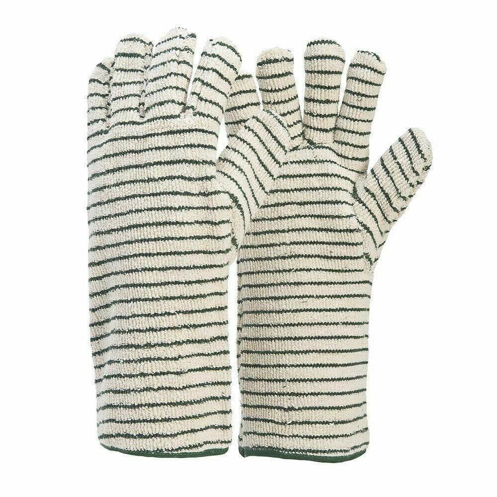 Striped terry cloth safety work gloves for industrial and oven use, white with green stripes