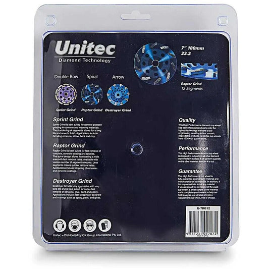 UNITEC 180MM 12-SEGMENT SPIRAL DIAMOND GRINDING CUP - RAPTOR U-7RG12 - Australian Empire Shop