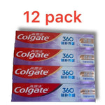 Bulk 12 pack of Colgate 360 toothpaste boxes with bilingual packaging, stacked and displayed.