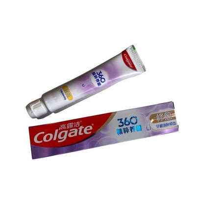 Colgate 360 toothpaste tube and box with purple accents, gum care, bulk toothpaste pack