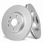 Pair of front axle brake discs for vehicles, silver with drilled mounting holes