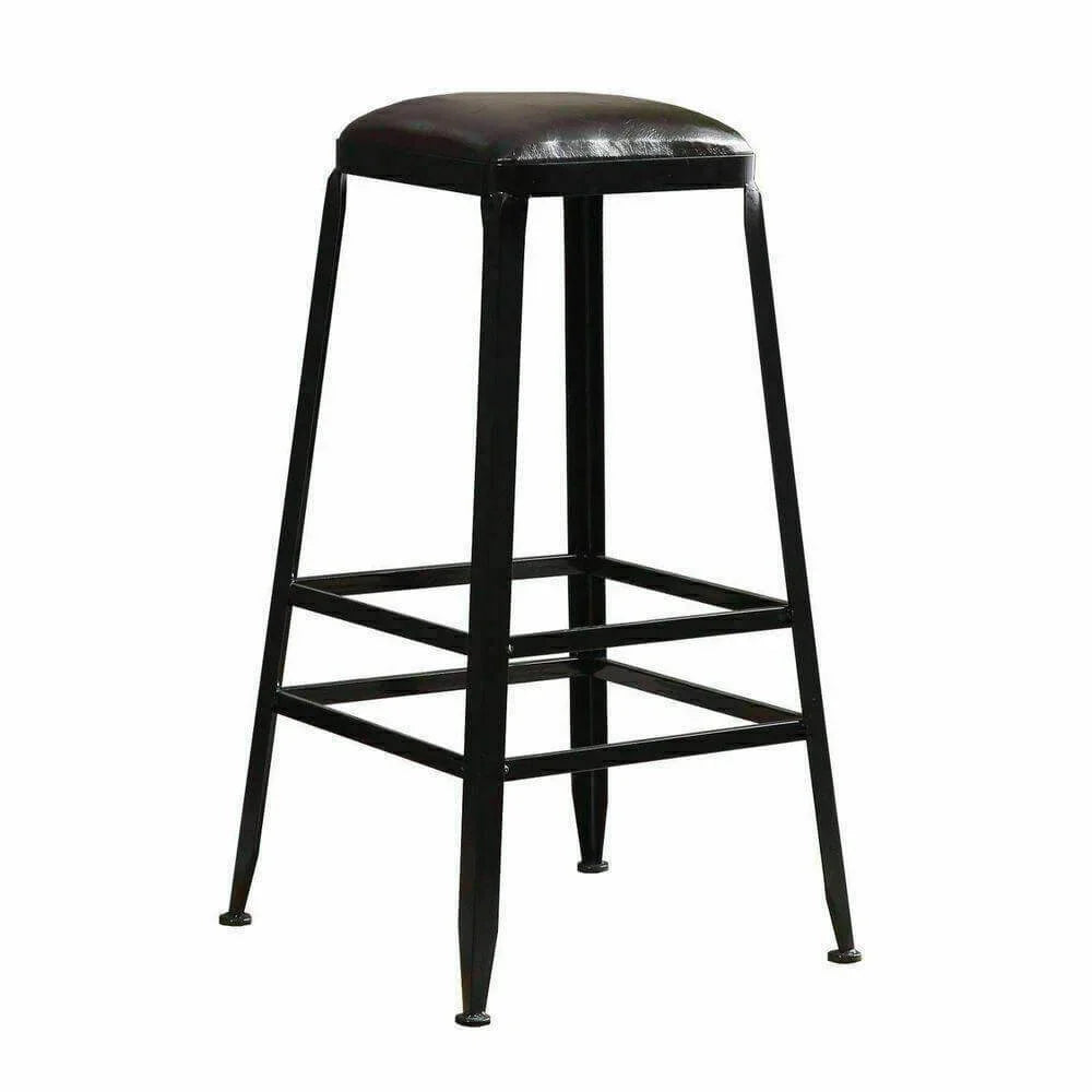 Industrial bar stool with black metal frame and padded leather seat for kitchen or dining