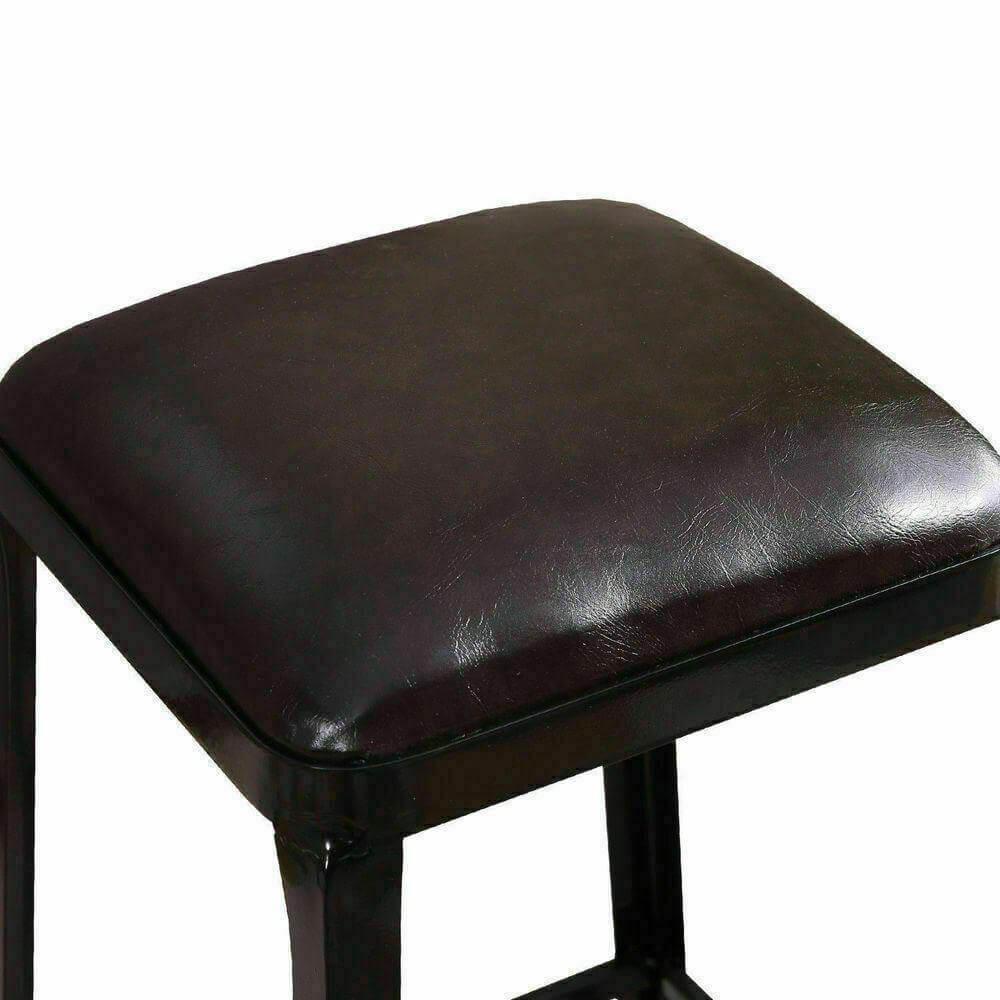 Industrial bar stool with black metal frame and square brown leather seat
