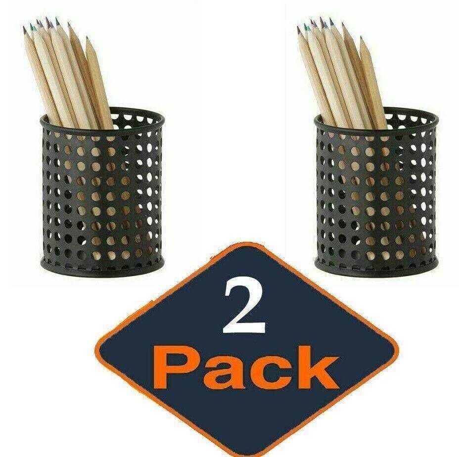 2 pack black mesh pencil holders each filled with wooden pencils on white background