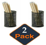 2 pack black mesh pencil holders each filled with wooden pencils on white background
