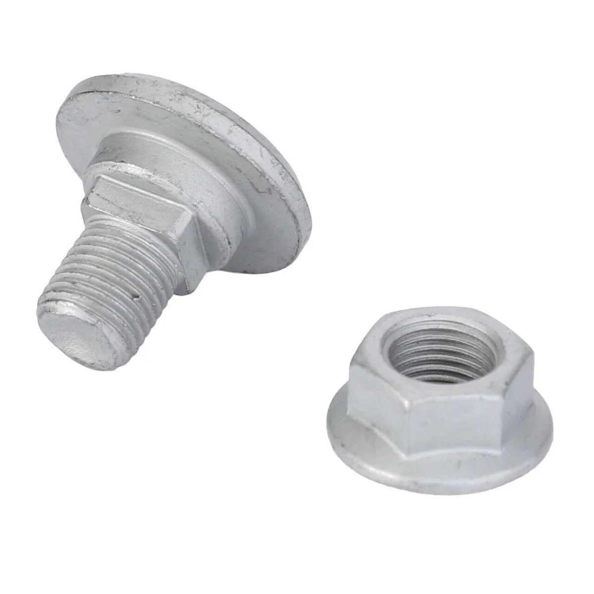Metal bolt and nut set for disc mower knives, replacement tractor part on white background