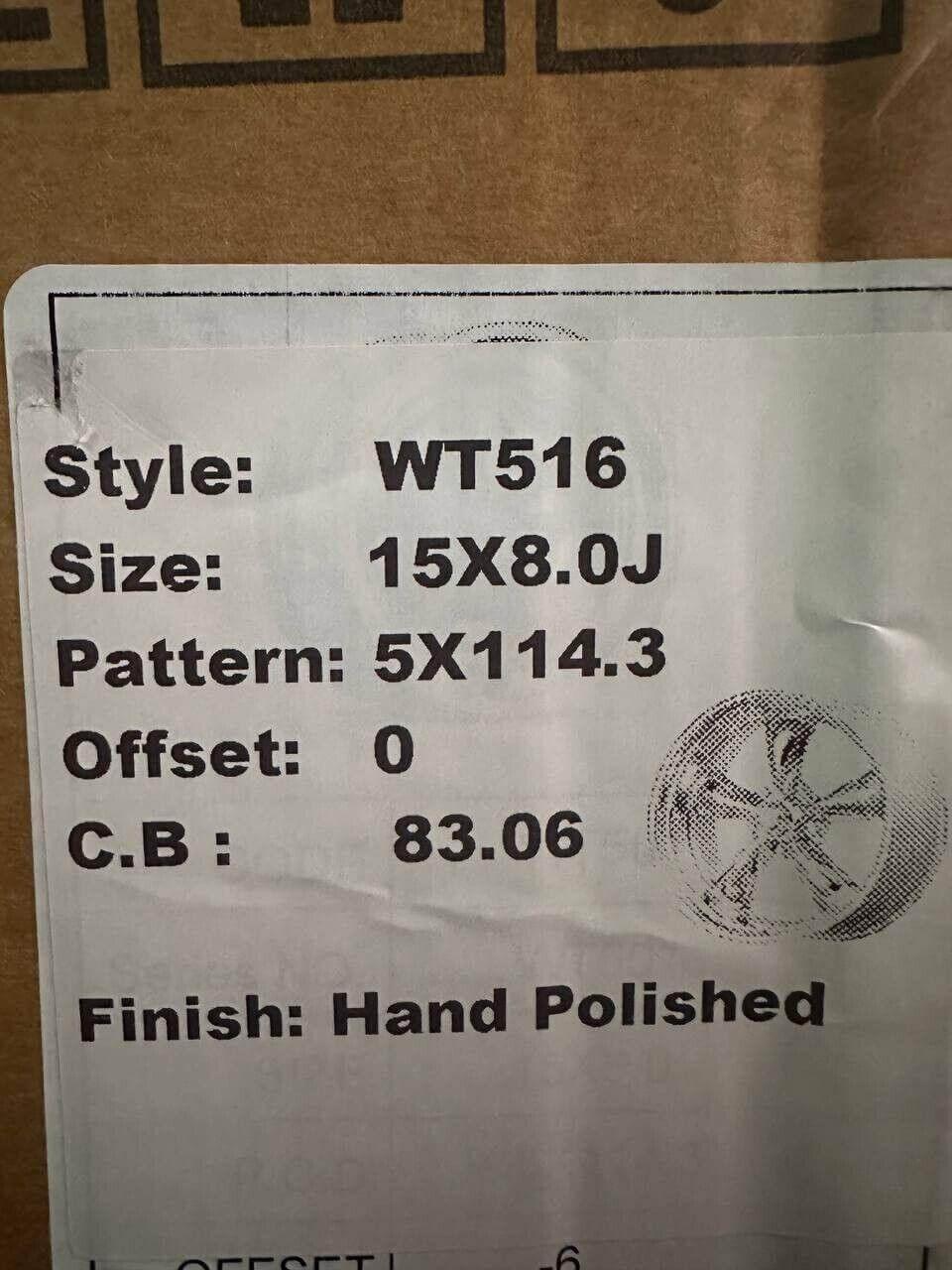 WT516 hand polished wheel spec label, size 15x8.0J, 5x114.3 pattern, offset 0, CB 83.06