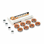 Eight orange-sealed ball bearings and four metal spacers displayed with white packaging box.