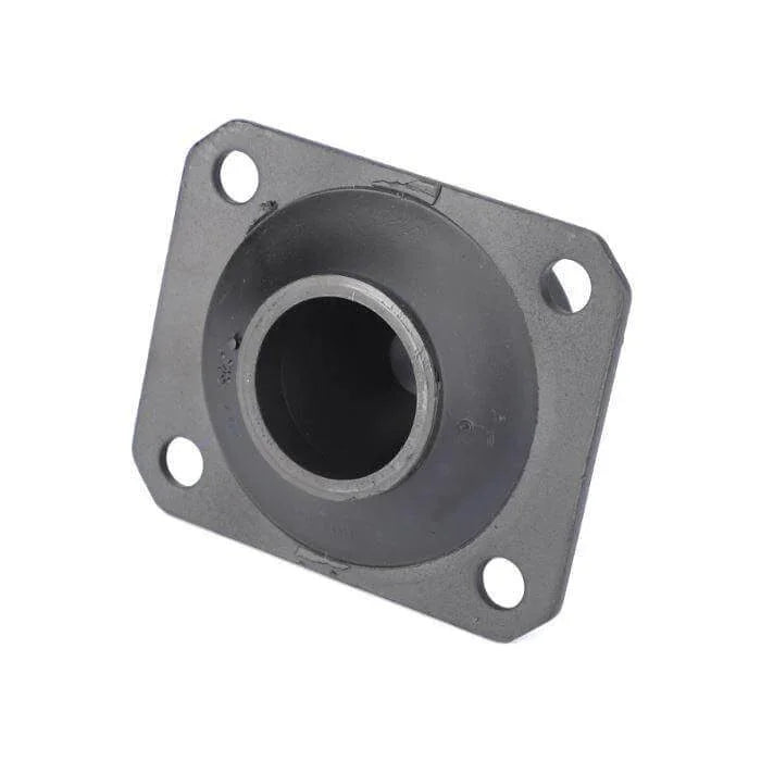 Black metal tractor buffer part with round center hole and four mounting holes