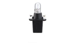 Small dashboard bulb with black plastic base and clear glass top, tractor part on white background
