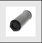 Metal tractor hydraulic strainer filter with black plastic end caps on white background