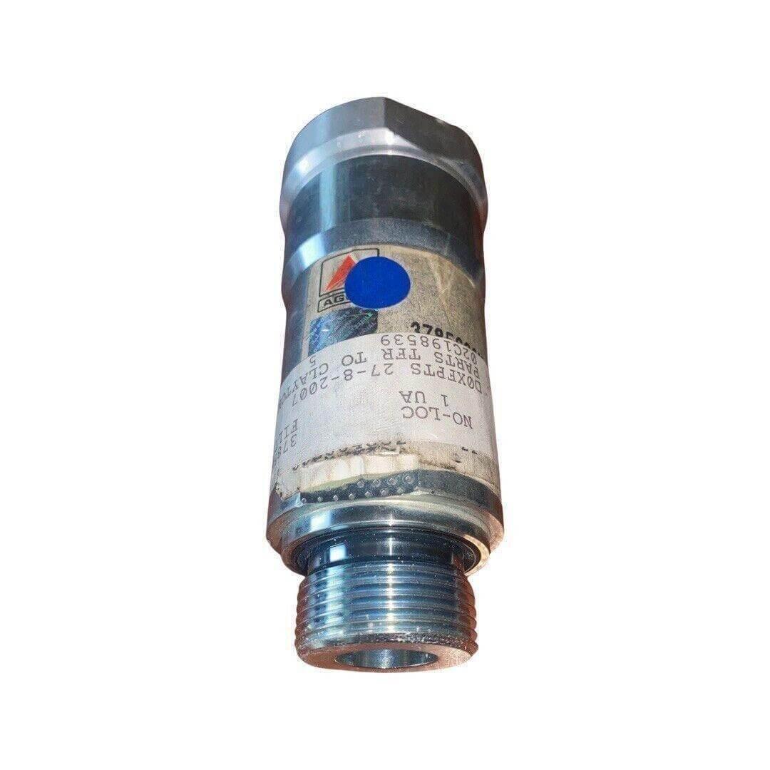 Hydraulic filter for tractor, metal cylinder with threaded end and label, white background