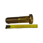 Threaded metal tractor stud bolt for Massey Ferguson, shown with measuring tape