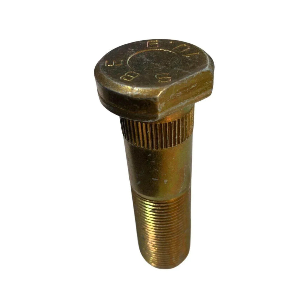 Metal tractor stud bolt with textured threading on white background