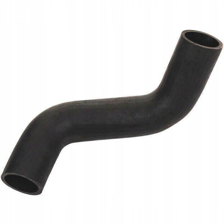 Curved black rubber tractor hose for engine or coolant system, isolated on white background