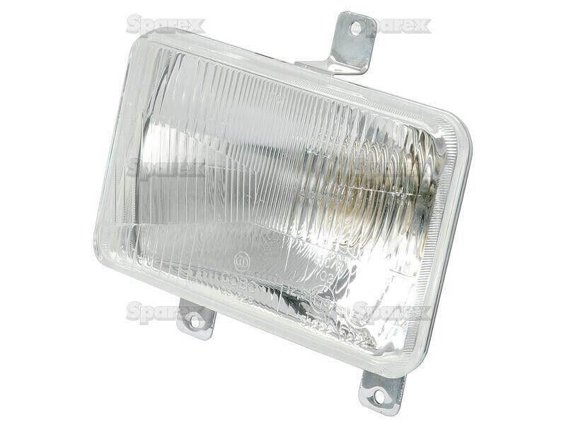 Rectangular tractor headlamp with clear glass lens and mounting brackets