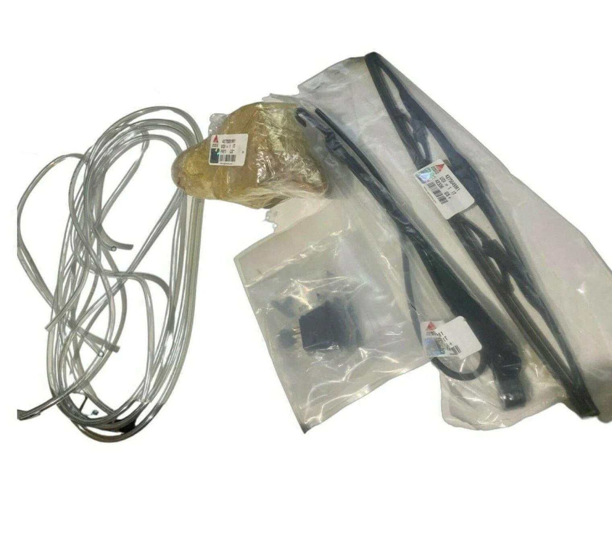 Tractor rear windscreen wiper kit with blade, arm, tubing and mounting parts on white background