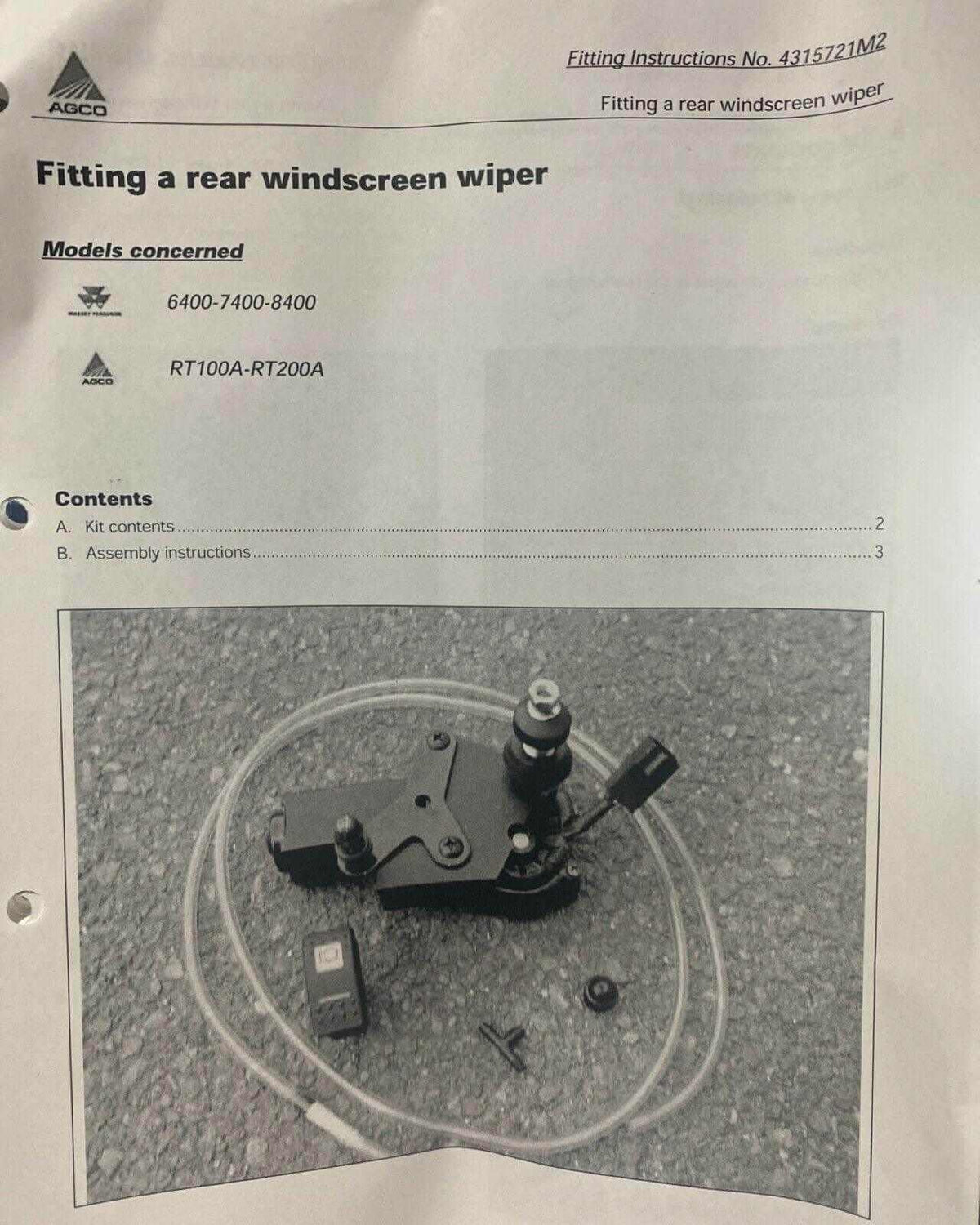 Rear windscreen wiper kit with installation guide for Massey Ferguson 6400 7400 tractor
