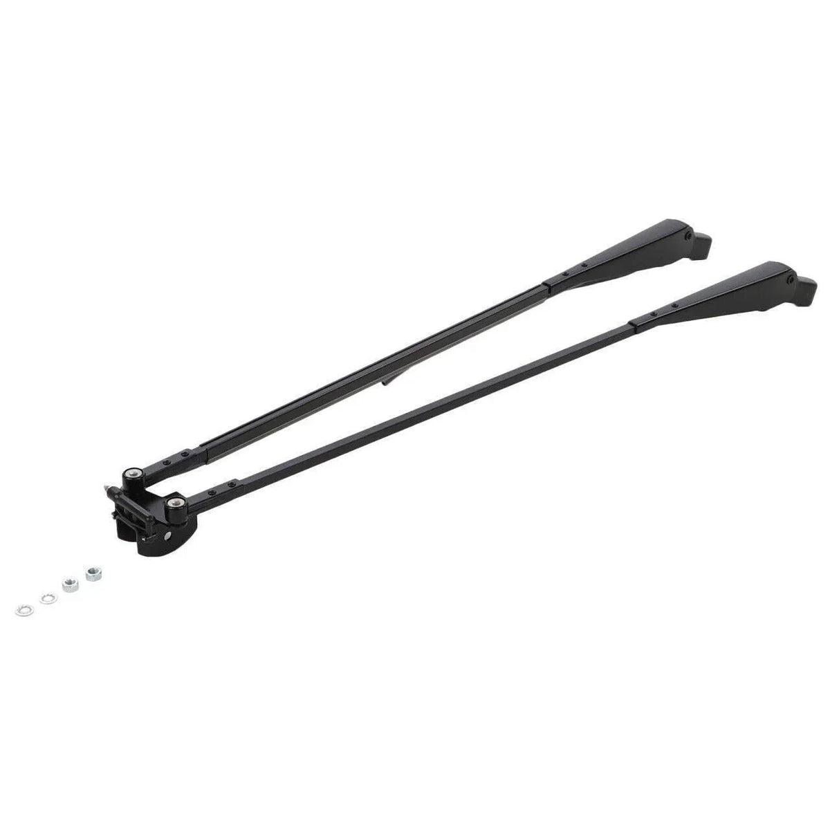 Black tractor wiper arm set with mounting hardware for Massey Ferguson, isolated on white