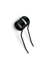Black double tine spring for baler, metal tractor part on white background