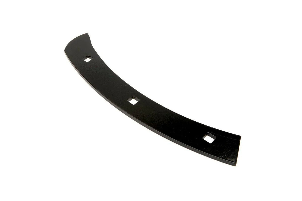 Curved black metal tractor panel beater flighting with four square mounting holes