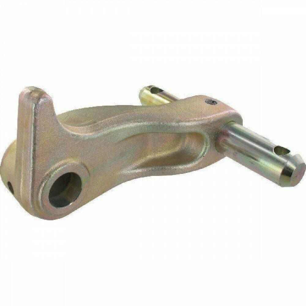 Metal left-hand lower link bolt for tractor, precision-machined, isolated on white background