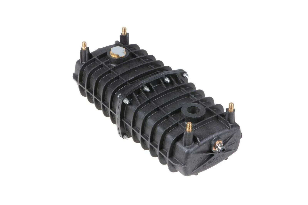 Black suspension accumulator tractor part with metal fittings and bolts on white background