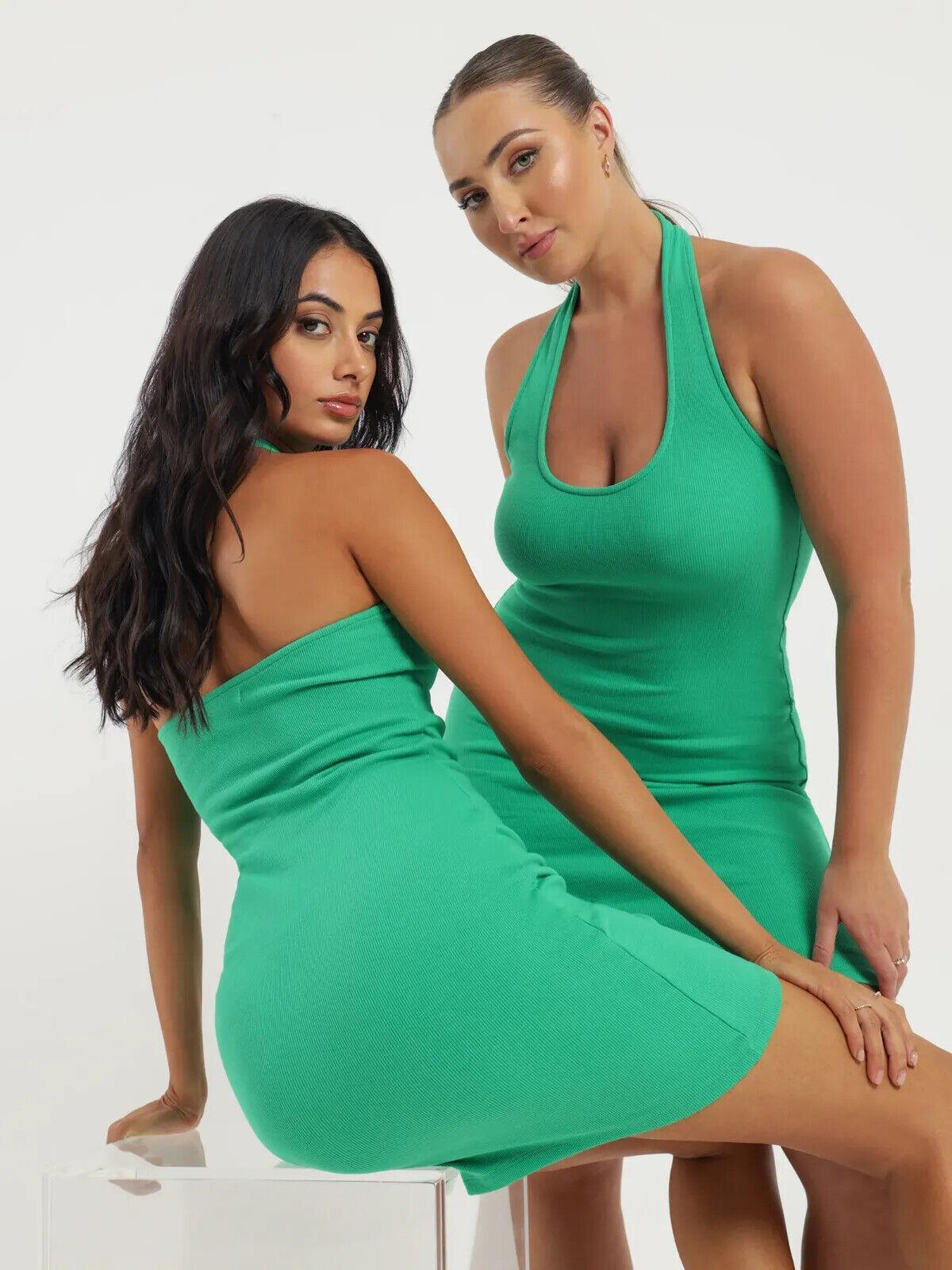 BEYOND HER Lottie Halter Dress in Lime Zest Scoop neckline Mini length - Australian Empire Shop