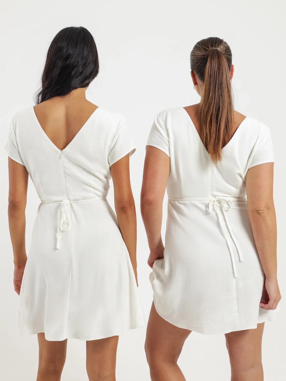 BEYOND HER Morgan Mini Dress in Off White V-neckline Tie-up Relaxed fit - Australian Empire Shop