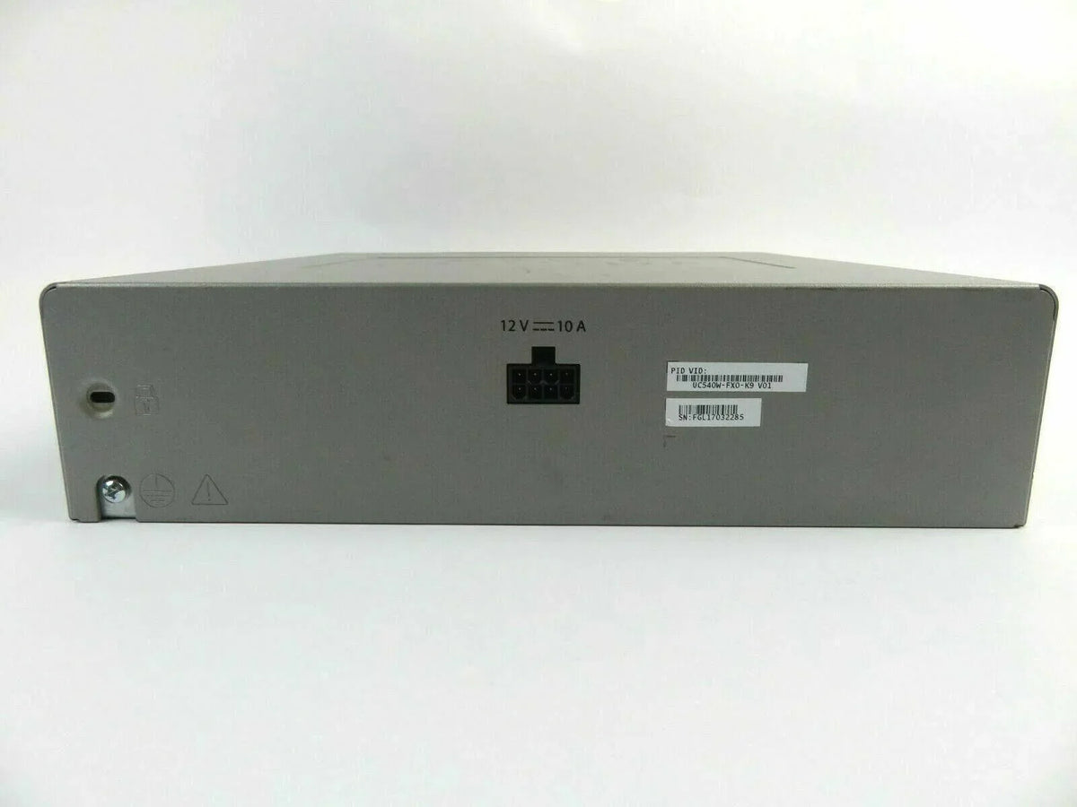 Back view of office phone system communication device with power port and labels