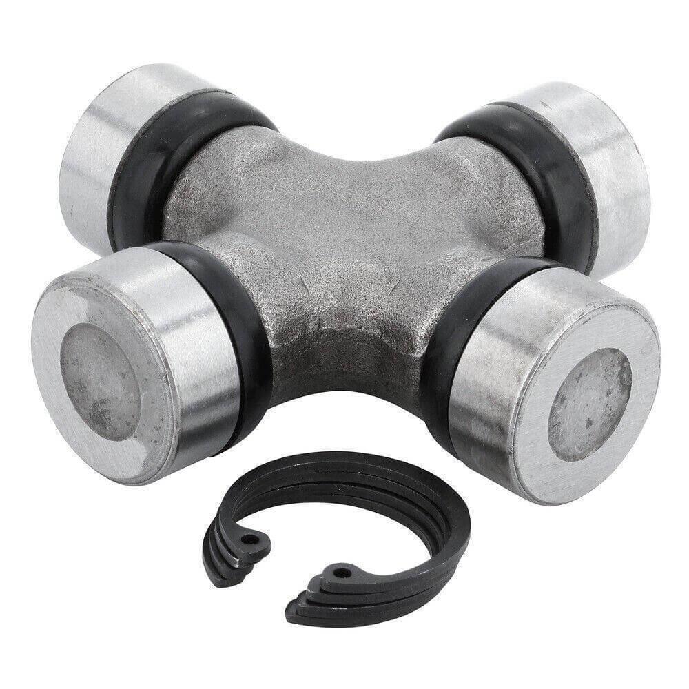 Steel cross joint universal joint tractor part with retaining clips on white background