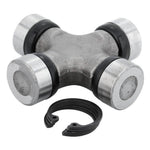 Steel cross joint universal joint tractor part with retaining clips on white background