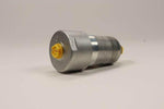 Hydraulic filter for tractor, cylindrical metal part with yellow end caps, on neutral background