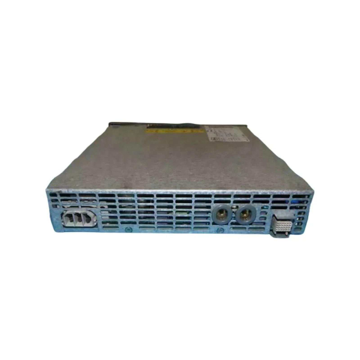 48V power supply module with vents, input, and output connectors, flat metal casing