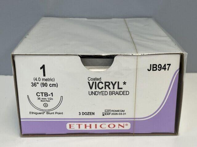 Ethicon COATED VICRYL JB947 Suture #1/0, 36mm, 1/2c, 90cm , BOX 36 ,EX 8/2026 - Australian Empire Shop