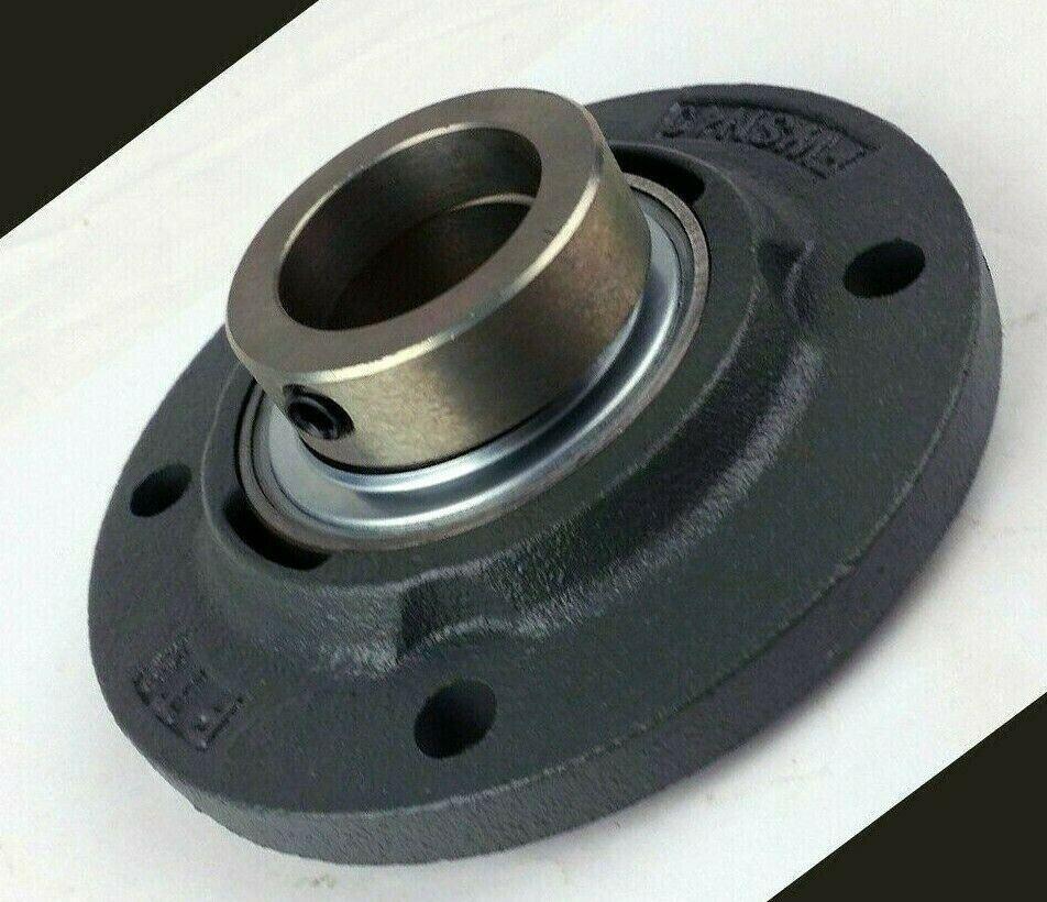 Round cast iron flange bearing housing with mounted metal bearing, 4 bolt holes visible