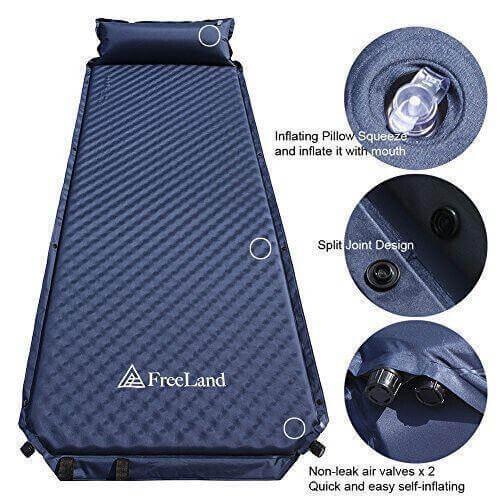 Blue self-inflating camping sleeping pad with attached pillow, compact outdoor design