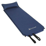 Blue self-inflating camping sleeping pad with attached pillow, compact and lightweight design