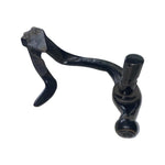 Black metal knife arm part for square baler machinery, close-up on white background