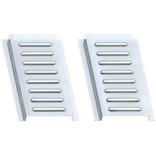 Pair of stainless steel louvered vent covers for truck sleeper, horizontal slats visible