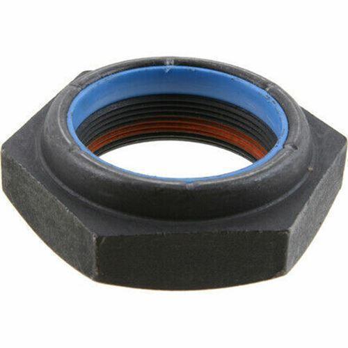 Hexagonal black pinion nut with blue and red inner rings for tractor or truck parts