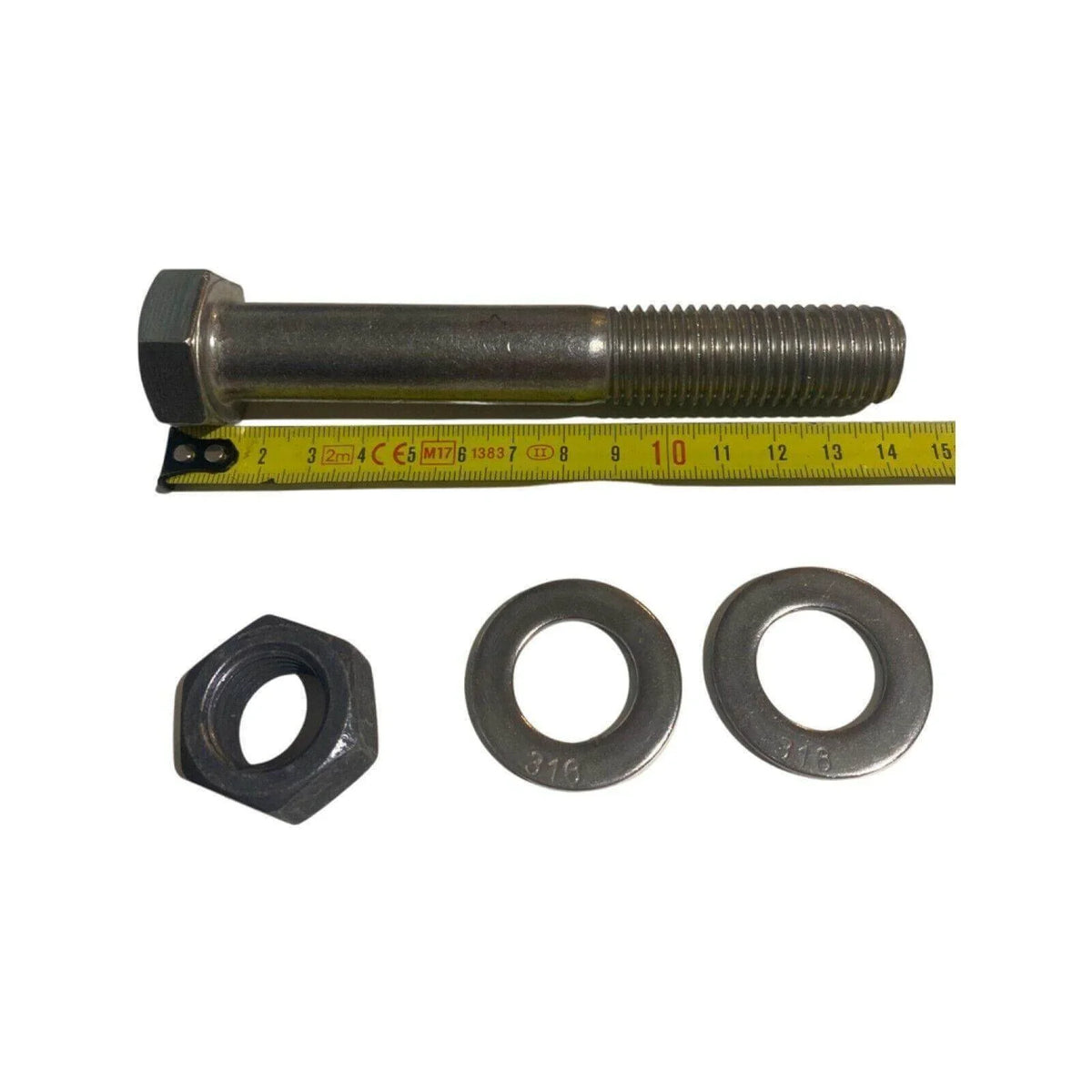 Stainless steel hex bolt kit with nut and washers, measured with tape, M18 size