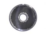Round steel mincer plate with multiple small holes and central opening, tool steel part
